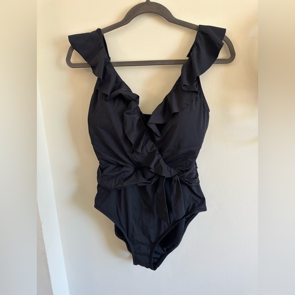 Bleu Rod Beattie Black Ruffle V-Neck One-Piece Swimsuit